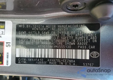 2021 Toyota Camry Le from USA, damaged, VIN 4T1C11AKXMU555130